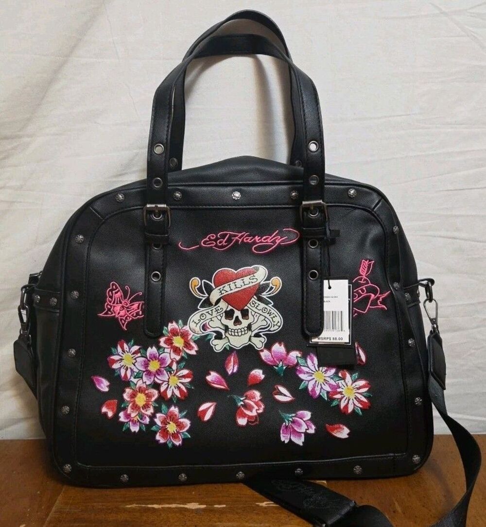 ED HARDY Black Love Kills Slowly Tattoo Tote Shoulder Bag Satchel Purse Vegan